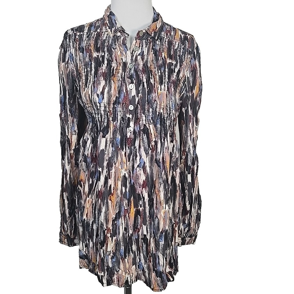 Beach Lunch Lounge Collection Geo Print Smocked Long Sleeve Tunic Top Large L